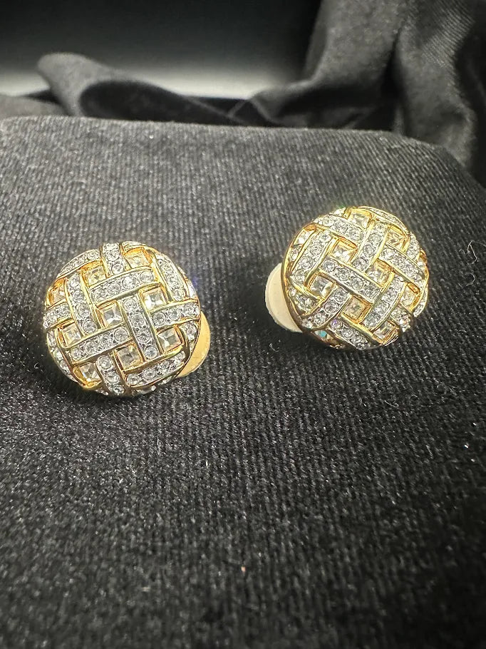 Swarovski Gold Tone Crystal Basketweave Clip Earrings | Signed Designer Statement Earrings