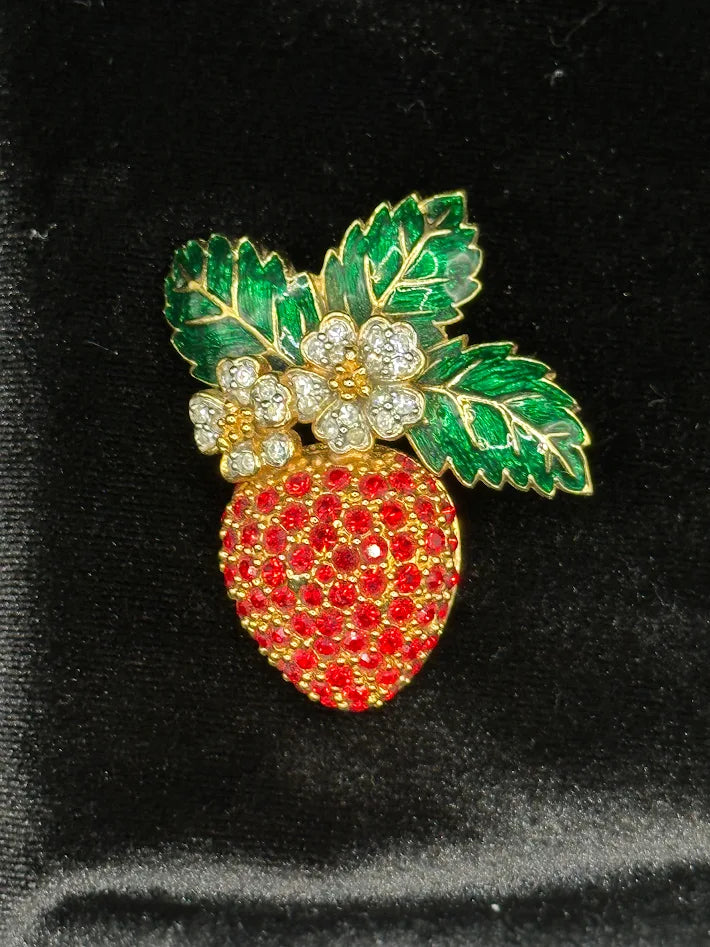 Vintage Gold Tone Strawberry Brooch Red Rhinestone Pave Enamel Leaves Floral Crystal Statement Pin