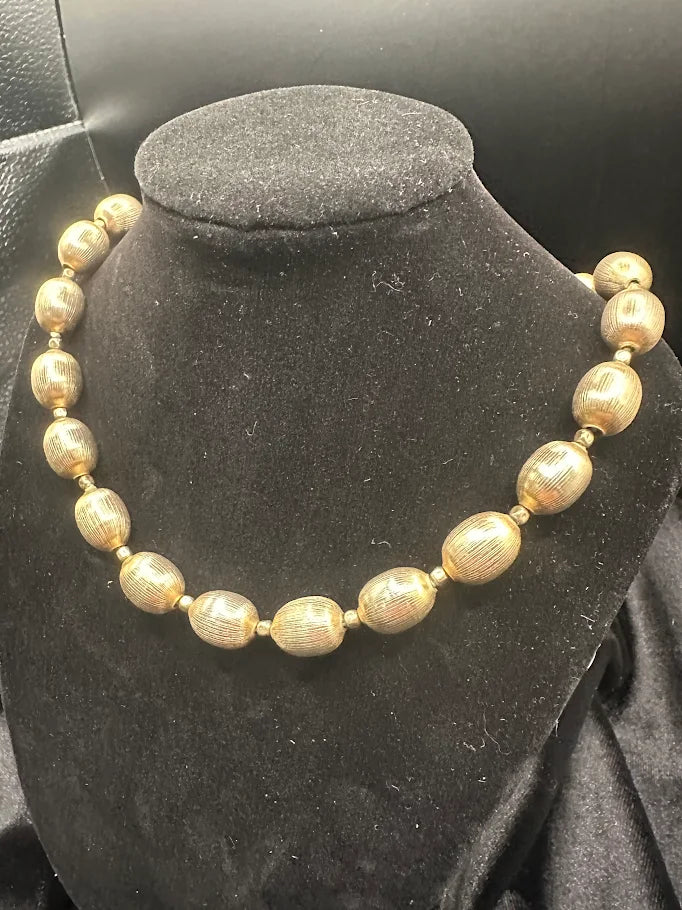 Trifari Gold Tone Textured Oval Bead Necklace Vintage Statement Jewelry