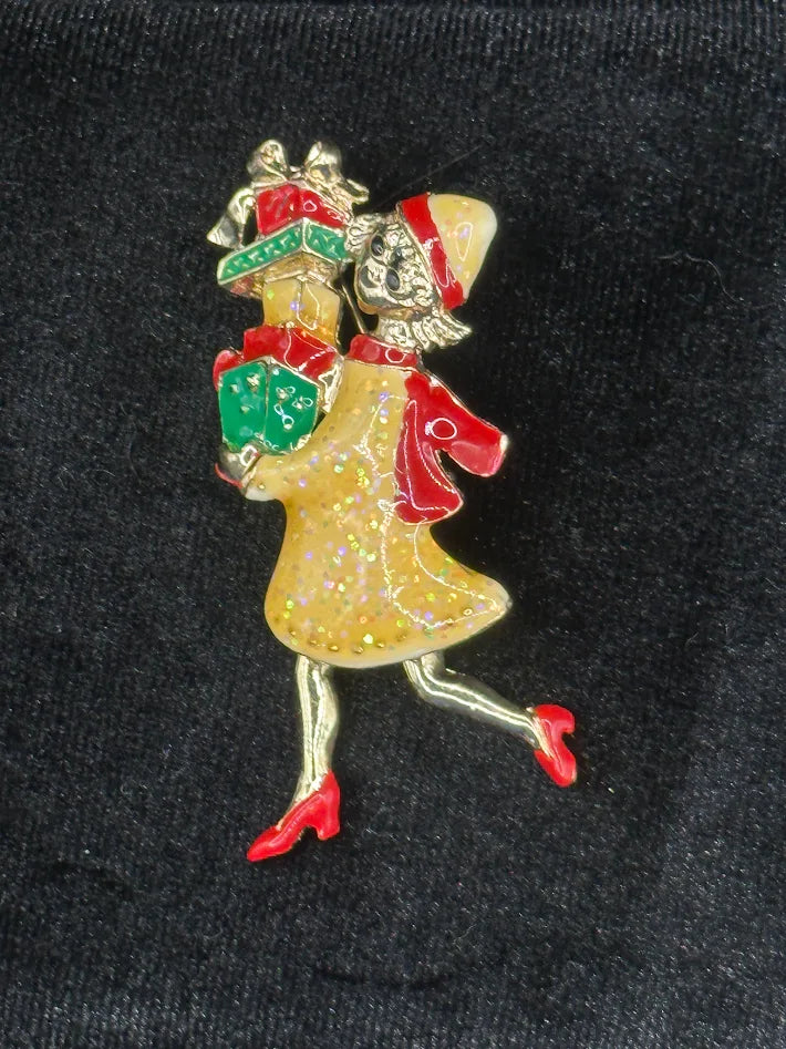 Vintage Tanya Creations (TC) Articulated Christmas Shopper Brooch Enamel Holiday Pin