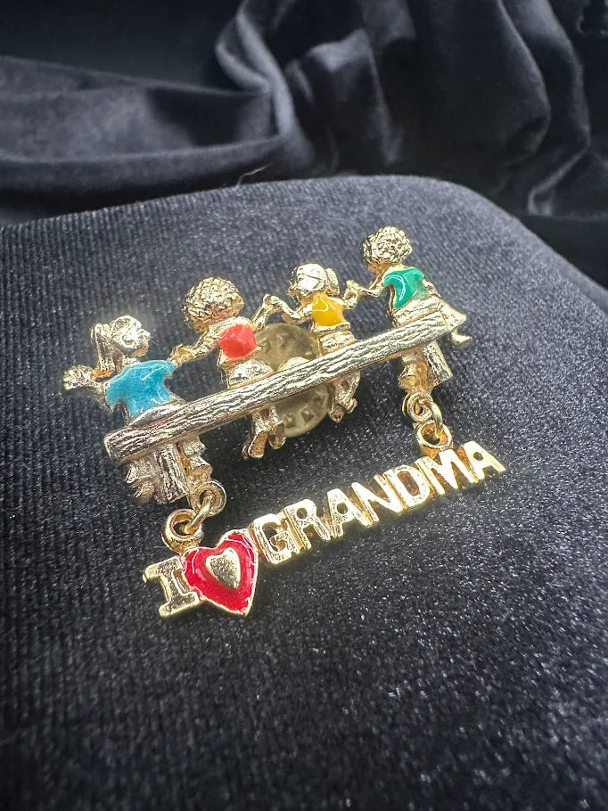 Gold Tone I Love Grandma Figural Brooch with Enamel Children Detail