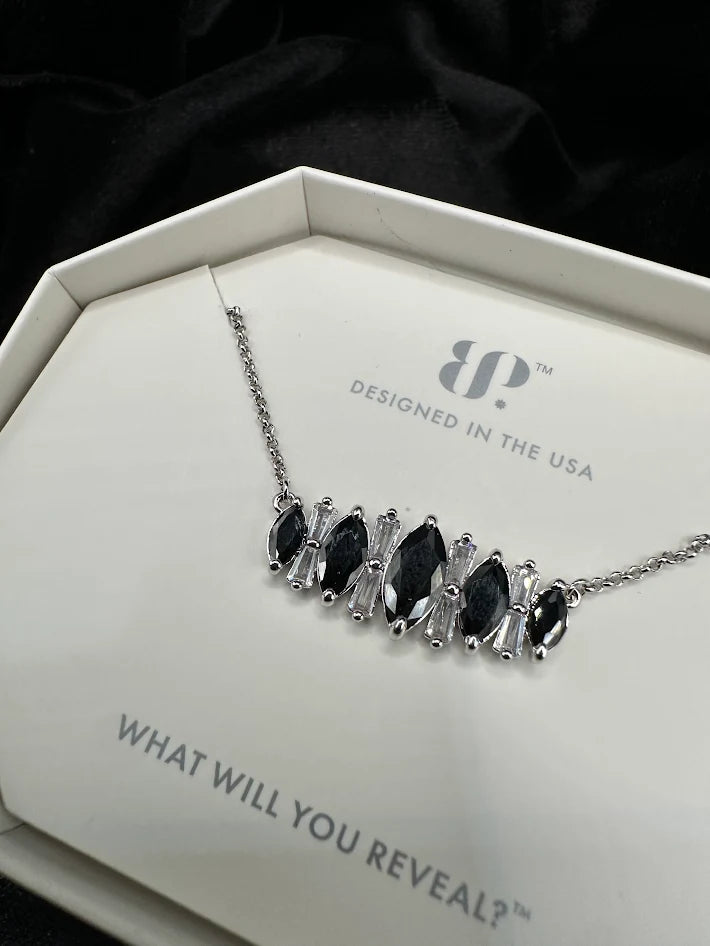 BP Black and Clear Crystal Bar Necklace Silver Tone Minimal Statement With Box