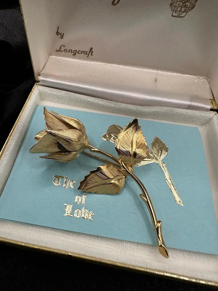 Giovanni Gold Tone Rose Brooch Longcraft Vintage Floral Pin With Original Box
