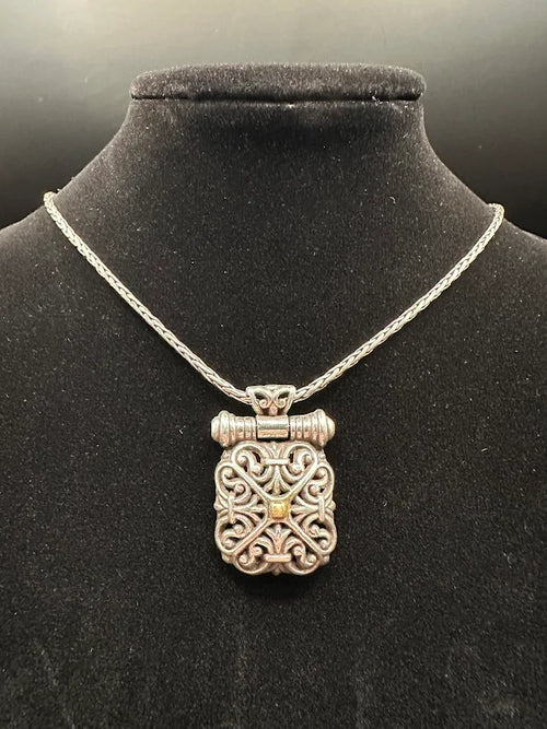 Brighton Silver Tone Foxtail Chain Pendant Necklace Ornate Square Scroll Design Signed 19g