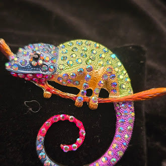 Multicolor Rhinestone Chameleon Brooch with Curled Tail on Branch, Gold Tone Crystal Lizard Statement Pin