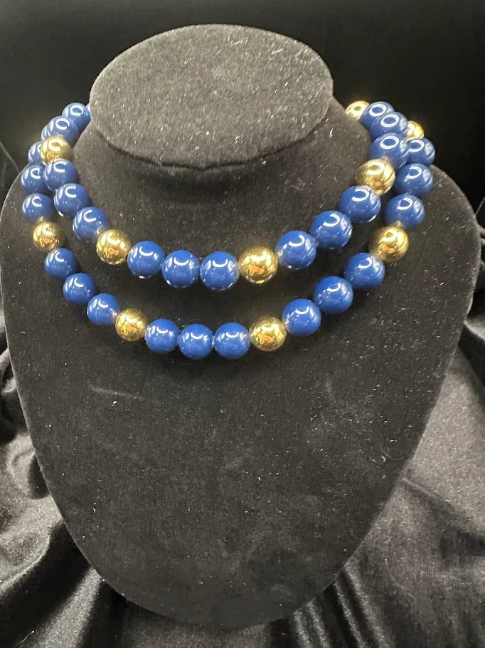 Lapis Blue and Gold Tone Bead Double Strand Necklace