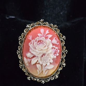 Signed Gerry's Gold Tone Cameo Brooch with Floral Portrait & Roses | Vintage Oval Scalloped Frame Pin