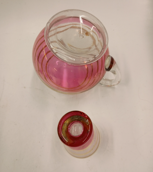 Macbeth Evans Pink Glass Pitcher Set Gold Stripe 6 Glasses Vintage Depression Era