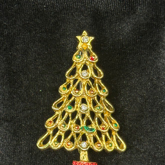 Gold Tone Christmas Tree Brooch with Multicolor Rhinestones and Star